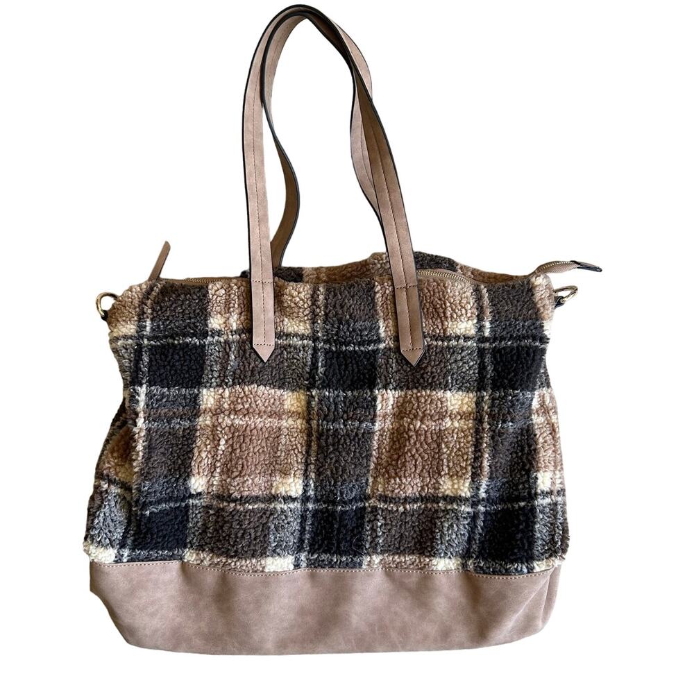 Womens Sherpa Fleece Brown Plaid Gold Hardware Zip Double Handle Large Tote Bag